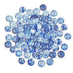 Cabochons en verre imprimé bleu et blanc, demi-rond / dôme, bleu acier, 25x7mm, 100 pcs / boîte