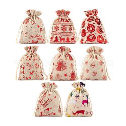 32 pièces 8 styles thème de noël coton cadeau pochettes d'emballage sacs à cordon, pour l'emballage de bonbons de fête de noël, rouge, Modèles mixtes, 13.5~14.3x10 cm, 8 style, 4 pièces / style