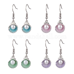 4 Pair 4 Color Alloy Enamel Shell Shape Dangle Earrings with Plastic Pearl Beaded, 316 Surgical Stainless Steel Jewelry for Women, Mixed Color, 33.5mm, Pin: 0.6mm, 1 Pair/color
