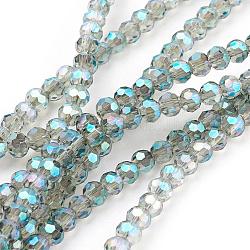Faceted(32 Facets) Round Electroplate Glass Beads Strands, Turquoise, about 3mm in diameter, hole: 1mm
