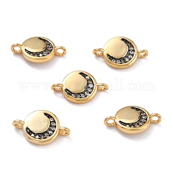 Brass Micro Pave Clear Cubic Zirconia Links Connectors, with Enamel, Long-Lasting Plated, Flat Round with Moon, Real 18K Gold Plated, 8.5x13.5x2mm, Hole: 1.2mm