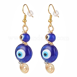 Boucles d'oreilles pendantes mauvais œil au chalumeau, bijoux en fil de laiton pour femmes, bleu, 57.5mm, pin: 0.9 mm