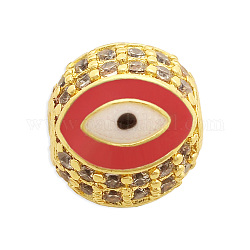 Brass Micro Pave Clear Cubic Zirconia Beads, with Enamel, Round with Eye, Red, 10.5x10mm, Hole: 2mm, 3pcs/bag