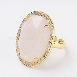 Anneau de doigt réglable en quartz rose naturel, anneaux large bande, avec strass et accessoire en laiton , ovale, taille 7, or, 17mm