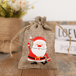 クリスマステーマのリネン巾着バッグ  サンタ クロース 模様の長方形  ペルー  サンタクロース模様  14x10cm