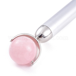 Outil de massage au quartz rose naturel soins de la peau, rouleaux de visage, avec les accessoires en plastique, couleur d'argent, 156x30~31x16~26mm
