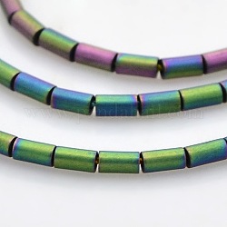 Electroplate Frosted Non-magnetic Synthetic Hematite Column Beads Strands, Grade AAA, Multi-color Plated, 5x3mm, Hole: 1mm,  about 76pcs/strand, 15.7 inch