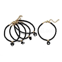 Bracelets avec breloque en 304 acier inoxydable, avec des perles de verre rondelles, facette, formes mixtes, noir, électrophorèse noir, 6-7/8 pouce (17.6 cm)
