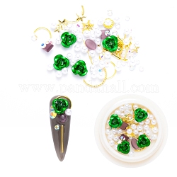 Accessoires nail art de décoration, avec résine et cabochons en laiton doré et perles d'imitation en plastique ABS et fleur en aluminium, formes mixtes, verte, 2~12x1~12x0.5~4mm