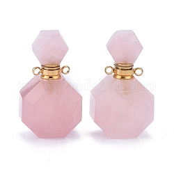 Pendentifs de bouteille de parfum à quartz rose naturel facetté, avec accessoires en 304 acier inoxydable, or, 34~36x20~22x12~13mm, Trou: 1.8mm, Capacité de la bouteille: 1 ml (0.034 oz liq.)