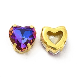 Rhinestone para coser en forma de corazón, Diamantes de imitación de cristal, accesorios de prendas de vestir, Enlaces multifilares, con fornituras de latón de tono de oro, heliotropo, 12.5x11.5x7mm, agujero: 1~1.2 mm