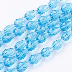 Glass Beads Strands, Faceted, Drop, Deep Sky Blue, 11x8mm, Hole: 1mm, about 57~59pcs/strand, 26.38~26.77 inch