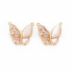 Brass Clear Cubic Zirconia Connector Charms, with Shell, Nickel Free, Butterfly, Real 18K Gold Plated, 17x18x4mm, Hole: 0.9mm