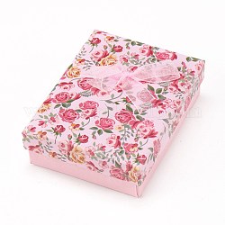 Boîte d'emballage de bijoux en carton à motif de fleurs, 2 emplacement, pour boucles d'oreilles, avec ruban bowknot et éponge noire, rectangle, rose, 9x7x3 cm