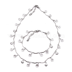 Lächelndes Gesicht-Charme Halskette & Armband Sets, mit 304 überbackenen Gliederketten aus Edelstahl und Hummerkrallenverschlüssen, Edelstahl Farbe, 8-1/8 Zoll (20.5 cm), 16.73 Zoll (42.5 cm)