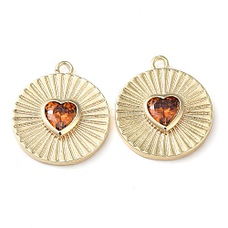 Real 18K Gold Plated Brass Pendants, with Glass, Flat Round with Heart Charms, Orange, 17x15x3mm, Hole: 1.4mm