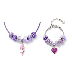 Kit de fabrication de collier de bracelet européen bricolage pour enfant, y compris la fabrication d'un bracelet en chaîne en laiton et d'un collier en corde de cire, pendentif en alliage de style grand trou et perles de résine, support violet, pendentif: 29~39 mm, Trou: 5mm, 16 pièces / kit