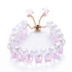 Pulseras deslizantes con cuentas de vidrio en forma de lágrima facetadas brillantes para mujeres adolescentes, dorado, rosa perla, diámetro interior: 1-3/4~2-3/4 pulgada (4.5~7 cm)