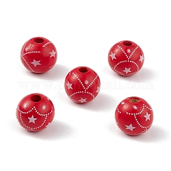 Printed Natural Wood European Beads, Large Hole Bead, Round with Christmas Star Pattern, Red, 16mm, Hole: 4mm