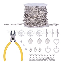 DIY Bracelets &  Necklaces Making Kits, includ Brass Paperclip Chains & Toggle Clasps & Lobster Claw Clasps, Brass Cubic Zirconia & CCB Plastic Charms, 201 Stainless Steel Flat Round Pendants, Platinum, 11x4.3x0.7mm, 5m/set