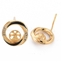 Brass Micro Pave Clear Cubic Zirconia Stud Earring Findings, for Half Drilled Bead, Nickel Free, with Enamel, Real 18K Gold Plated, Ring, Black, 12mm, Pin: 0.7mm, Pin: 0.7mm(for half drilled beads)