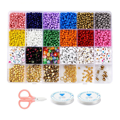 DIY Bracelet Jewelry Finding Kit, Geometry Glass Seed & Acrylic Letter  Beads, Elastic Stretch Thread, Iron Findings, Rubber Eyeglass Holders, Zinc