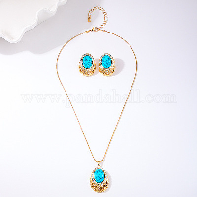 Овальные подвески из синтетической бирюзы и комплекты серег-гвоздиков FS-WGC1190-02-1