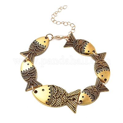 女性用合金リンクチェーンブレスレット 魚 アンティーク黄金 7-1/8