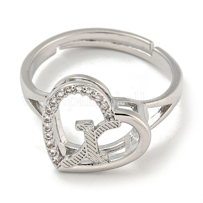Сердце с буквой стойка покрытие латунь микро паве кубический цирконий регулируемые кольца для женщин RJEW-I105-06P-X-1