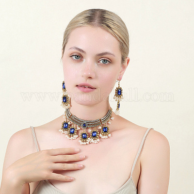 Прямоугольный сплав стекла колье и серьги комплекты для женщин FS-WG507E8-02-1