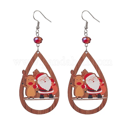 Рождественские деревянные серьги-подвески с принтом EJEW-JE06518-1