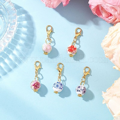 10 шт. круглый фарфоровый керамический кулон ручной работы с цветочным принтом HJEW-JM03828-1