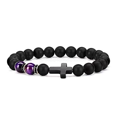 Эластичный браслет с крестом из натурального обсидиана и окрашенного тигрового глаза&nbsp;LS-HU1552-6-1