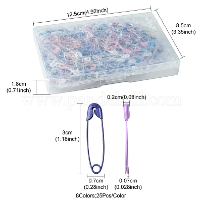 200本8色鉄製安全ピン ミックスカラー 30x7x2mm 25個/カラーの通販