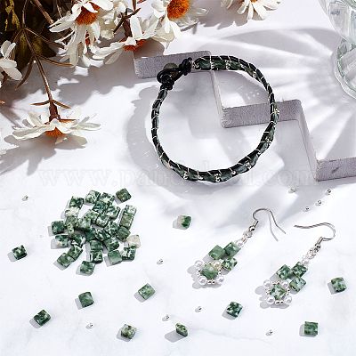 1 нить квадратные бусины из натуральной зеленой яшмы с точками G-NB0005-60-1