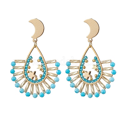 Серьги-гвоздики из витого стеклянного бисера с подвесками EJEW-MZ00365-1