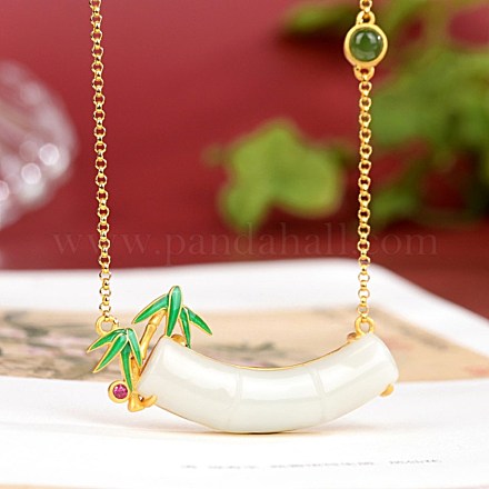 Tube incurvé en jade blanc hetian naturel avec collier pendentif en bambou NJEW-BB50640-A-1