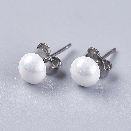 Electroplate Shell Pearl Stud Earrings EJEW-I209-07-6mm-1