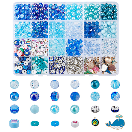 SUPERFINDINGS 819pcs Sea Style Beads Bulk Blue Mixed Spacer Beads Including 16 Style Round Glass Beads 4 Style Polymer Clay Beads Cute Ocean Style Enamel Charms Loose Beads for DIY Jewelry Making DIY-FH0005-19-1