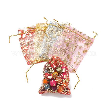 Gold Stamping Rose Flower Rectangle Organza Gift Bags OP-L006B-01-1