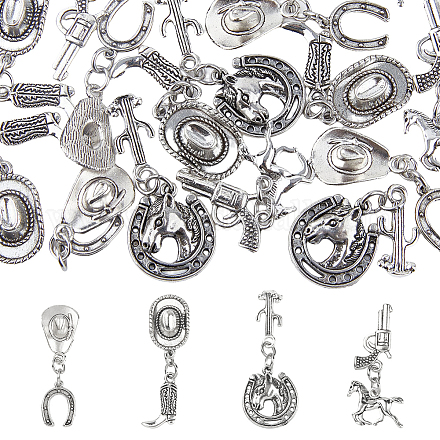 SUPERFINDINGS 32Pcs 4 Style Cowboy Boot Horse Hat Charms Tibetan Style Alloy Pendants Antique Silver Western Cowboy Theme Pendant Charms for DIY Necklace Bracelet Jewelry Making FIND-FH0005-26-1