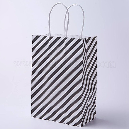 クラフト紙袋  ハンドル付き  ギフトバッグ  ショッピングバッグ  長方形  斜め縞模様  ブラック  21x15x8cm CARB-E002-S-L01-1