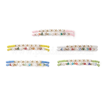 2pcs 2 style graine de verre et imitation perle et bracelets extensibles perlés en laiton pour femme BJEW-JB09033-1