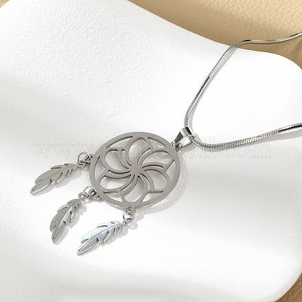 Ожерелья из цветочной плетеной сетки/паутинки из нержавеющей стали Bohemian 201 с подвесками в виде перьев NJEW-P327-07P-B-1