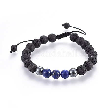Natural Lava Rock and Non-Magnetic Synthetic Hematite Beads Braided Bead Bracelets BJEW-JB03975-02-1
