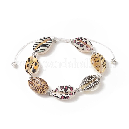 Bracelet de perles tressées en argile polymère et coquillage cauri naturel imprimé peau d'animal avec strass BJEW-JB09205-1