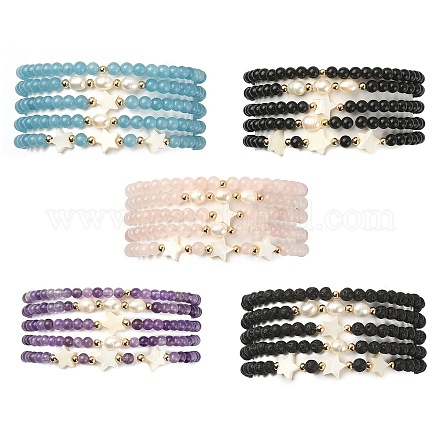 Set di braccialetti elasticizzati con perline e perline miste a forma di stella di perle e perle sintetiche e naturali da 5 stili BJEW-JB09495-1