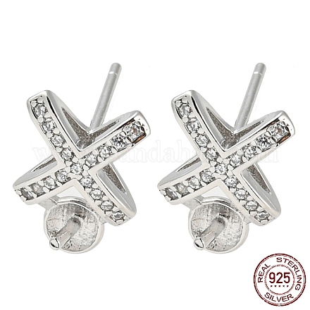 Rhodium Plated Cross 925 Sterling Silver Micro Pave Clear Cubic Zirconia Stud Earring Findings STER-Q192-24P-1