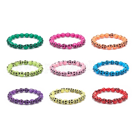 Set di braccialetti elastici con perline in plastica con teschio da 9 pz e 9 colori per donna BJEW-JB08900-1