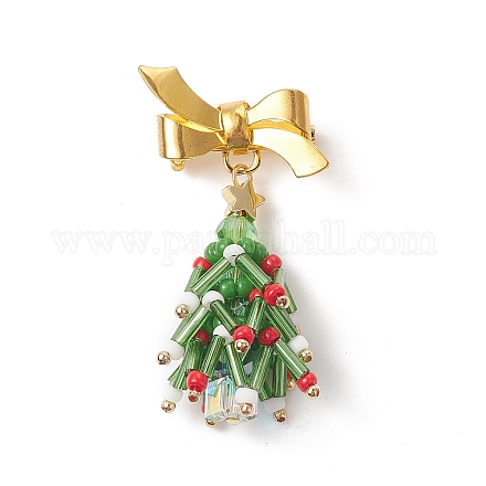 クリスマステーマのガラスビーズのツリーブローチ  バックパックの服用の金色の真鍮のちょう結びラペルピン  カラフル  49mm JEWB-TA00009-1